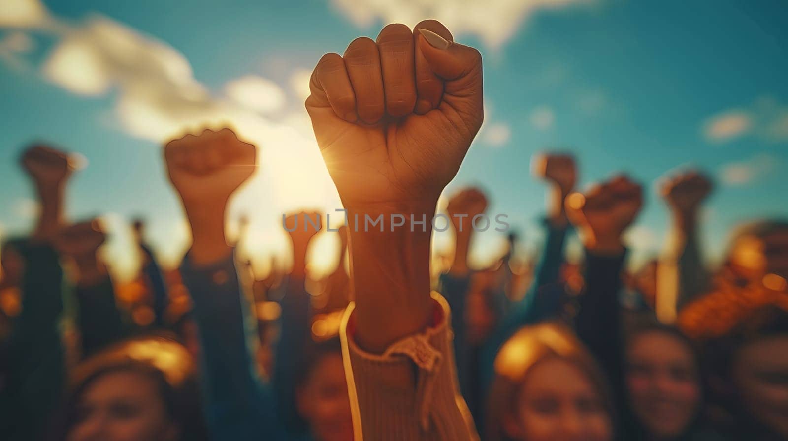 A happy crowd of people in nature are raising their fists in the air as a gesture of unity and fun, under the heat of the sky