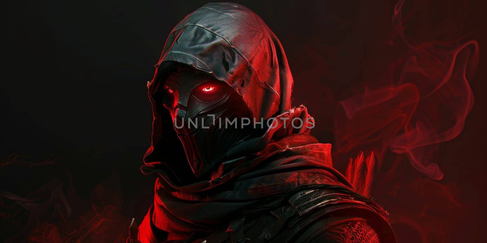 A man assassin wearing a red hooded suit with a red eyes