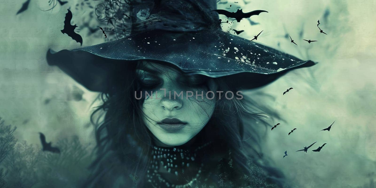 Woman wearing witches hat with bats flying around her by Kadula