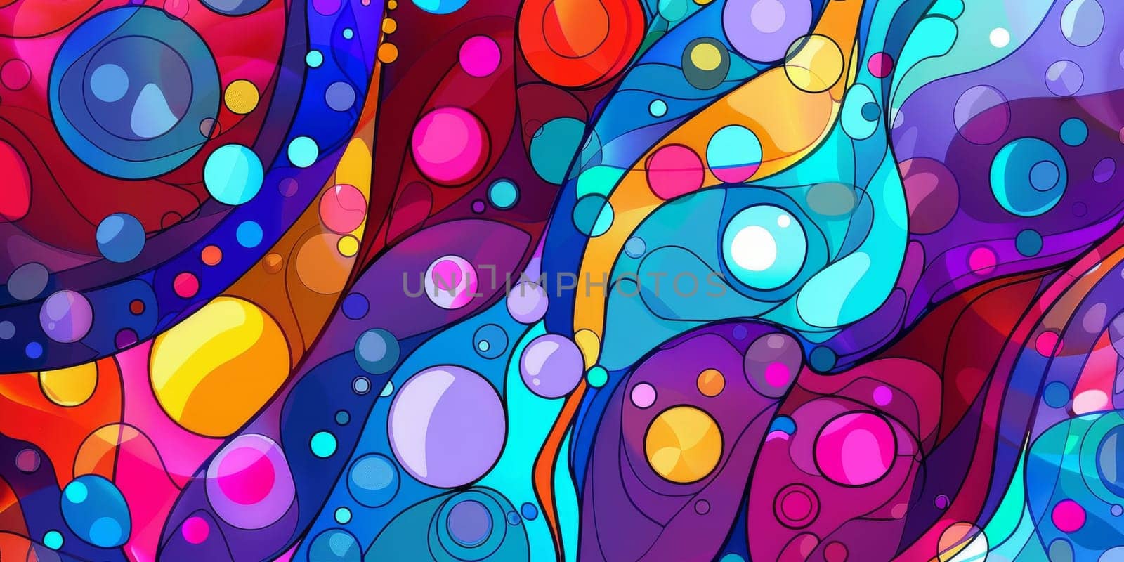 Abstract painting featuring a vibrant colors and numerous bubbles by Kadula