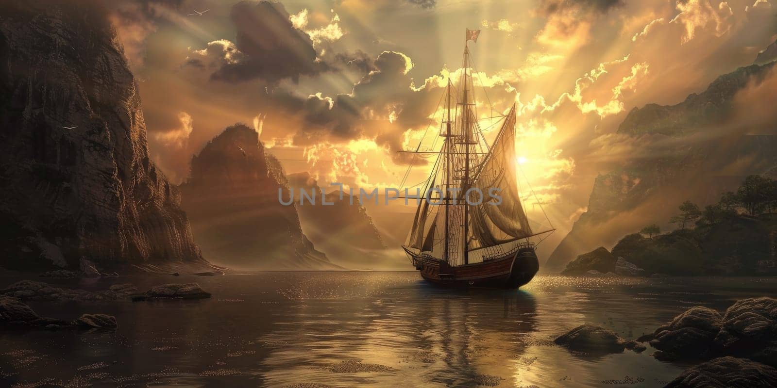 Painting of a boat sailing on the ocean as the sun sets in the background by Kadula