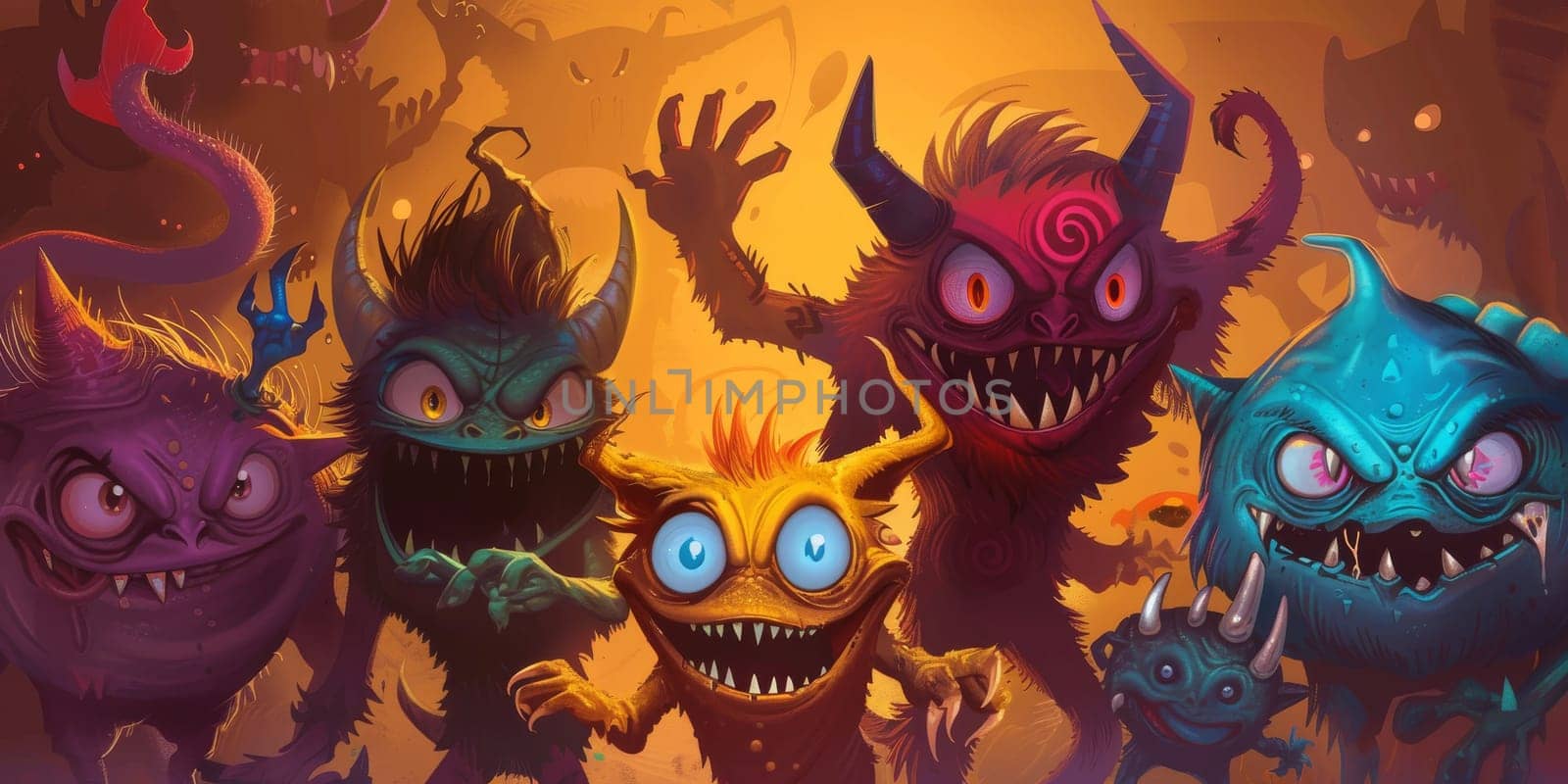 A group of cartoon monsters standing next to each other in a row by Kadula