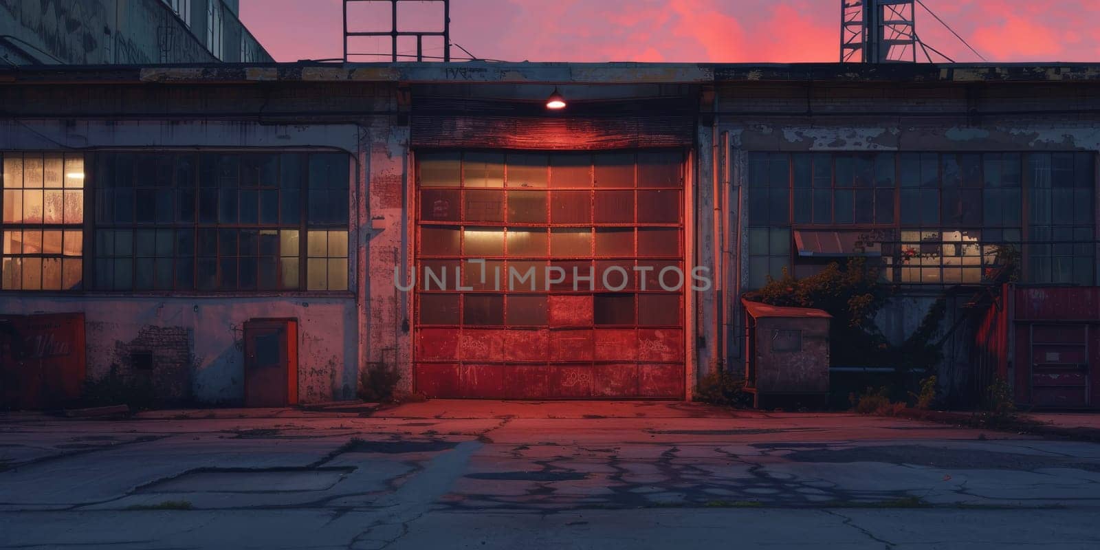 Old brick building with a single red light glowing in window by Kadula