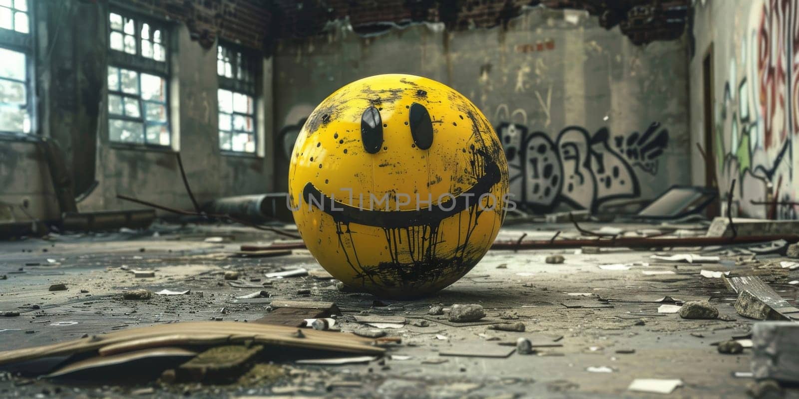 A bright yellow ball with a smiley face painted on it by Kadula