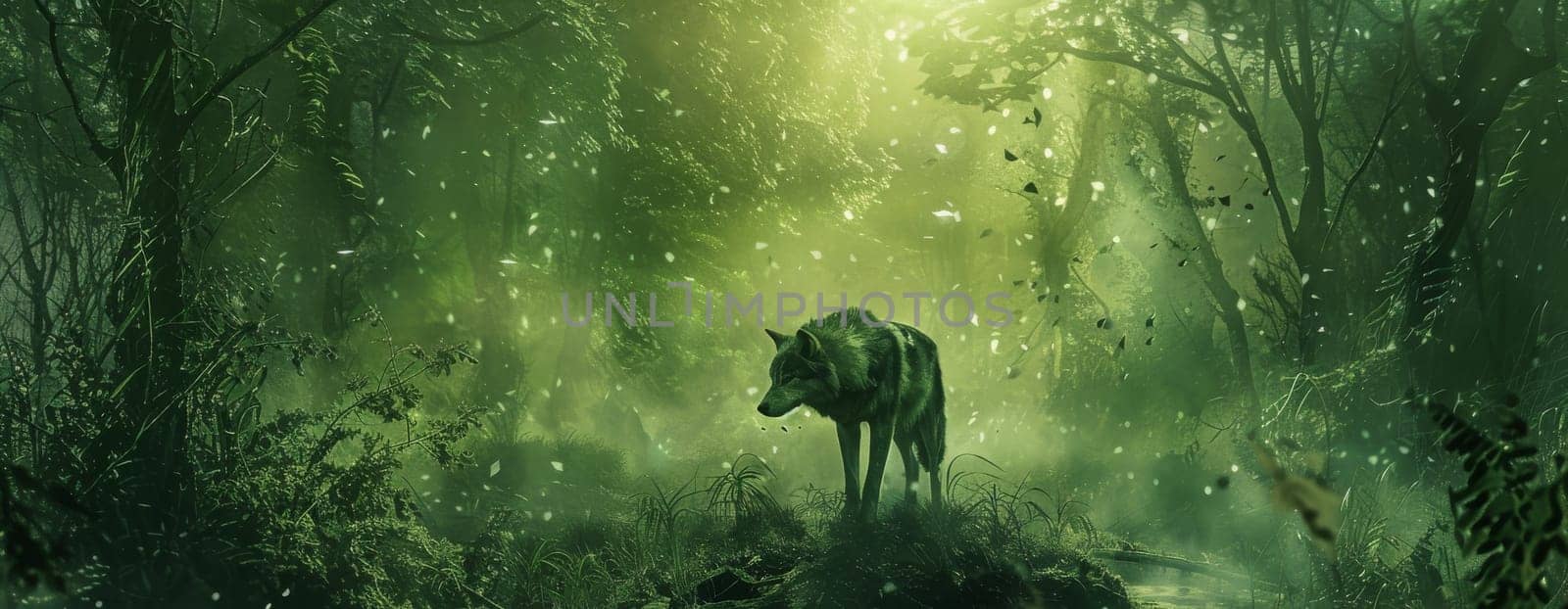 A wolf standing amidst trees in forest setting