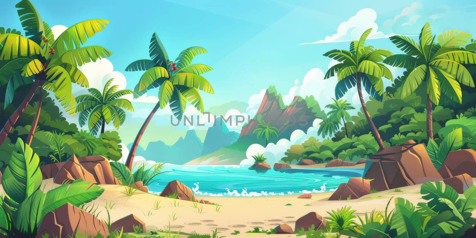 Vibrant painting featuring a tropical beach with palm trees under clear sky