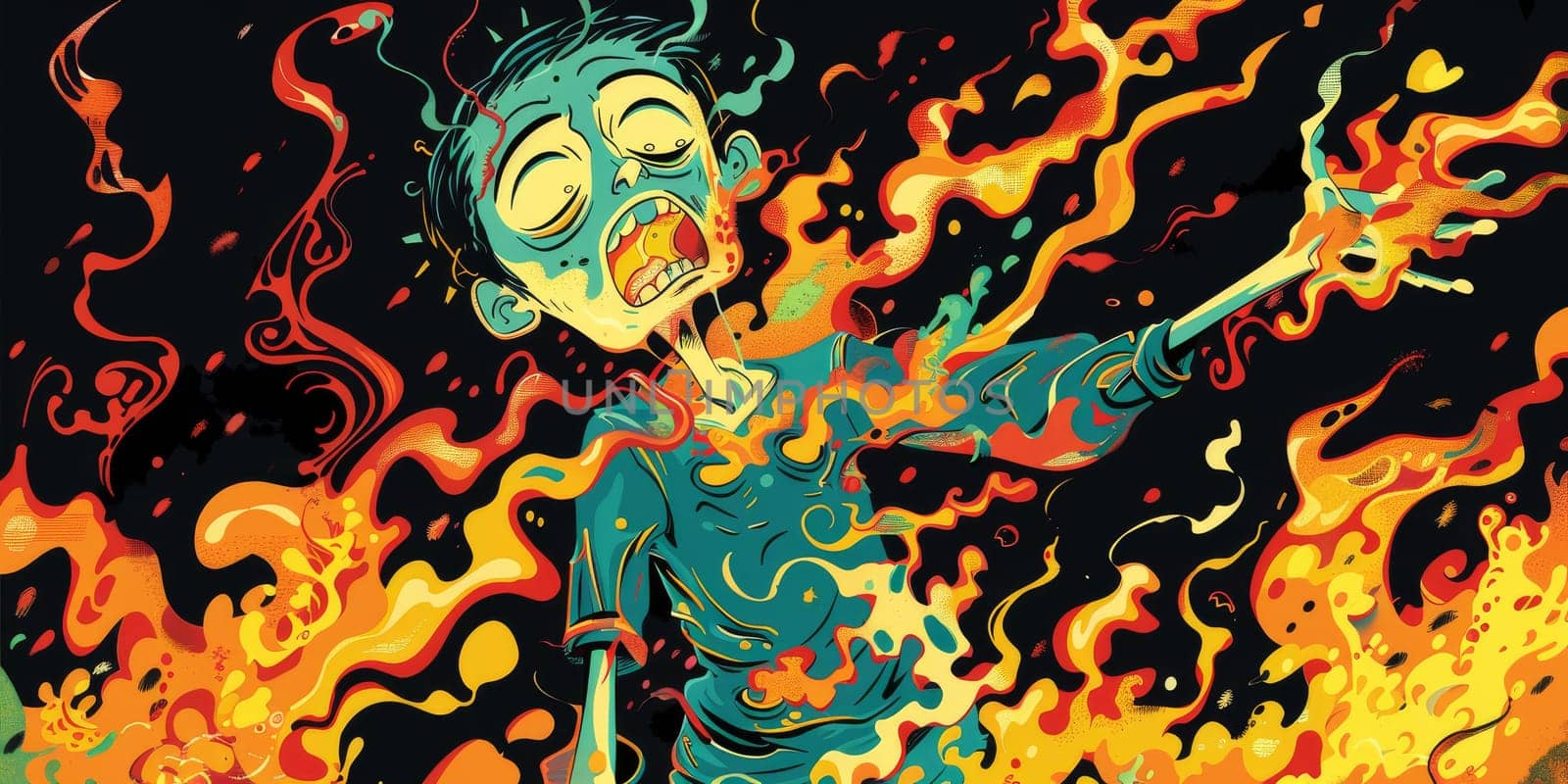 Cartoon of a boy exhaling in a fire by Kadula