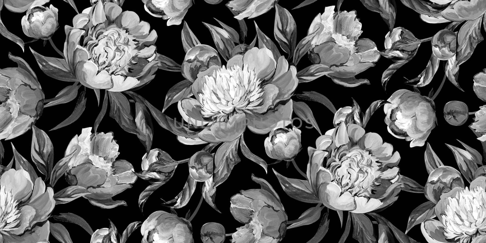 Seamless monochrome pattern with peonies drawn in gouache for textile