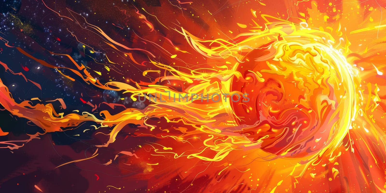 Painting showing a sun emitting flames by Kadula
