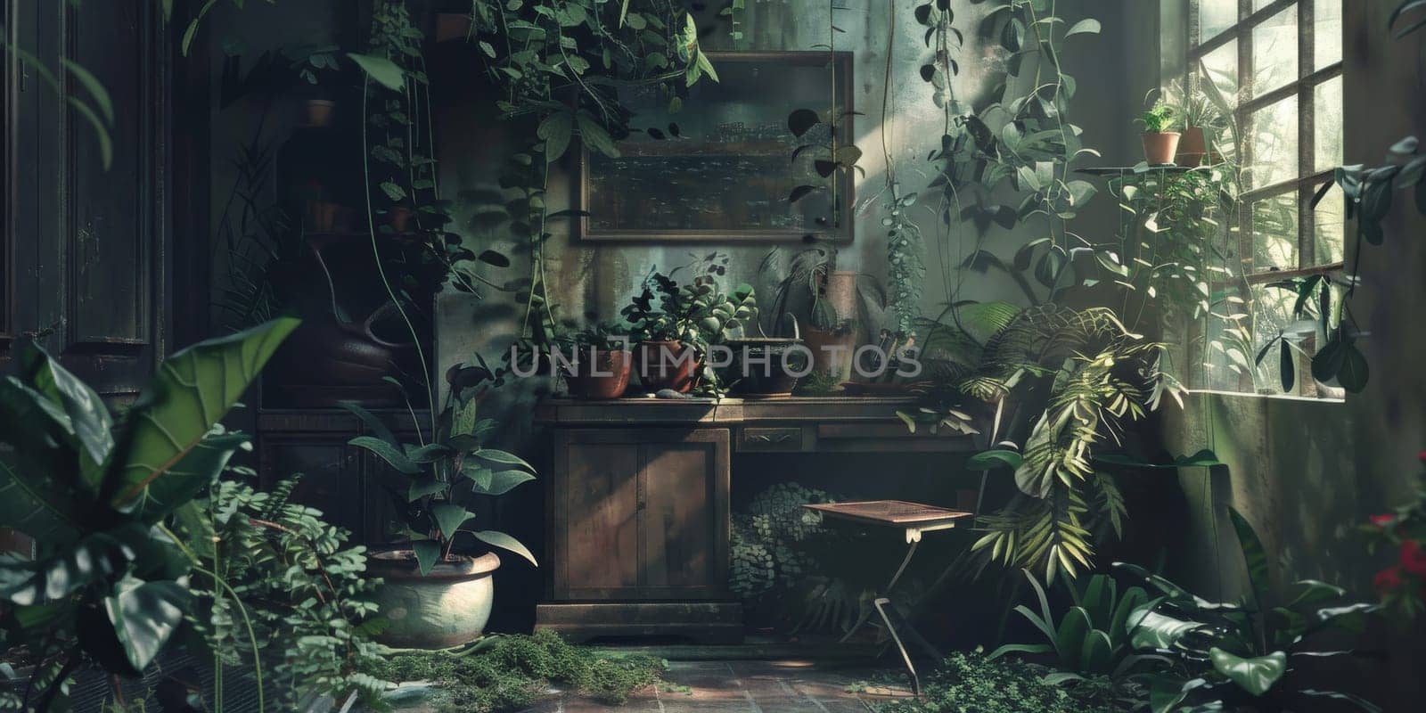 A room filled with numerous plants placed next to a window by Kadula