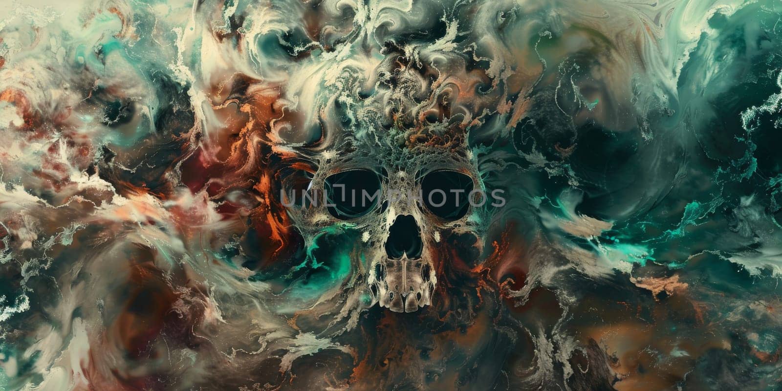 A painting featuring prominent skull