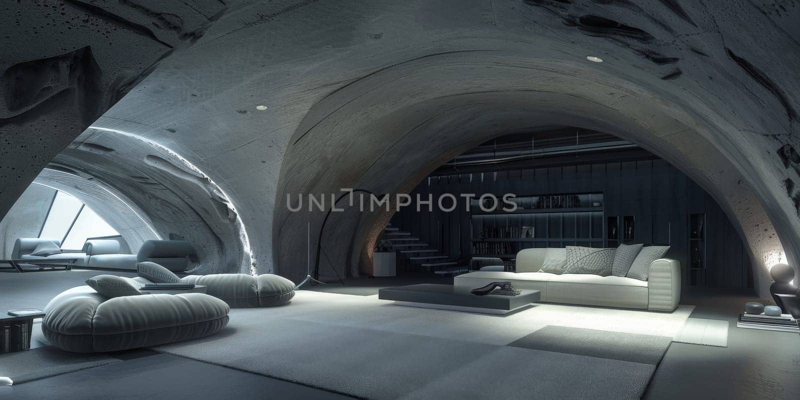 Modern underground bunker with living room with a couch and a chair in it