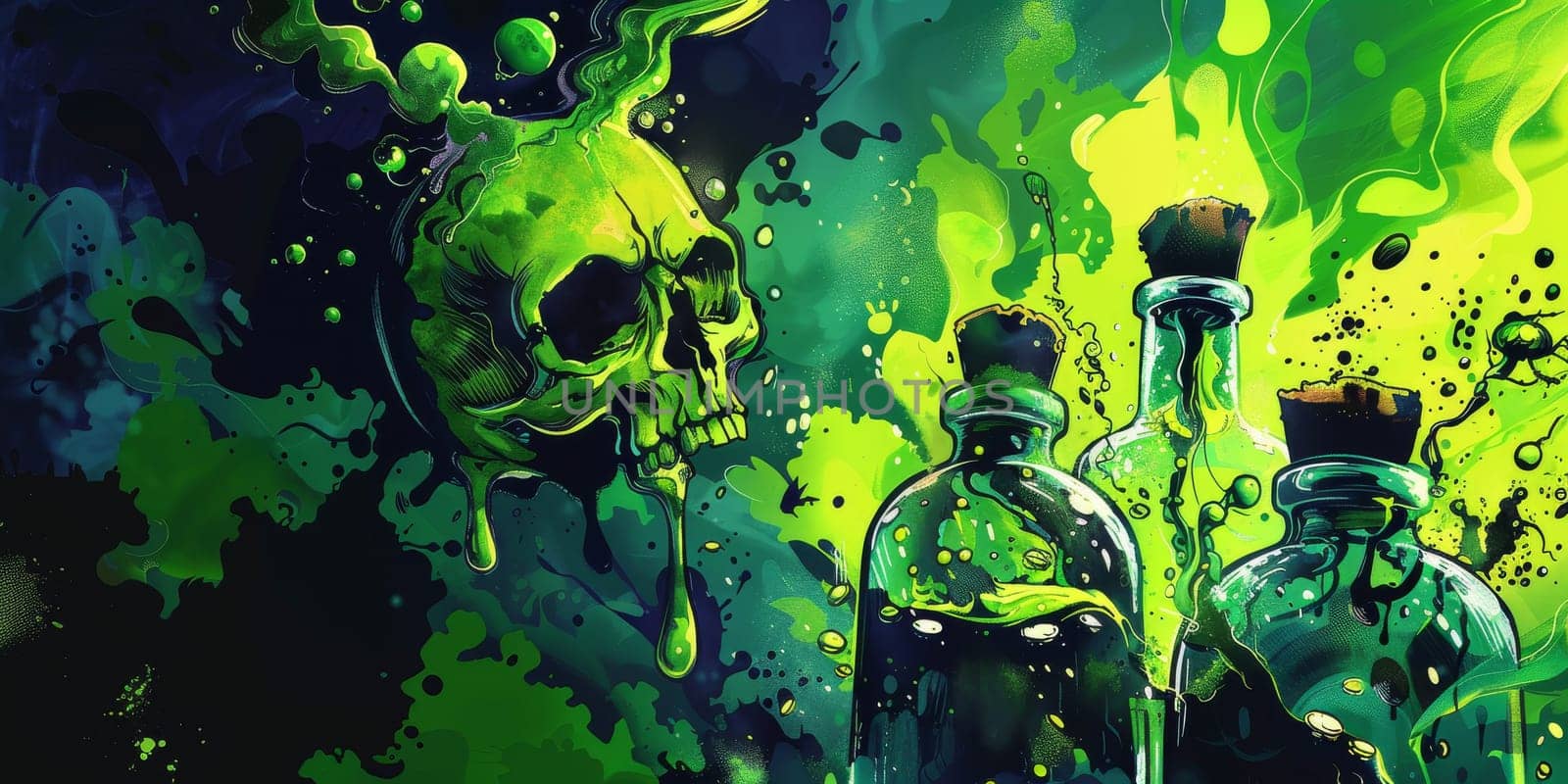 Painting featuring two bottles and a skull on a table by Kadula