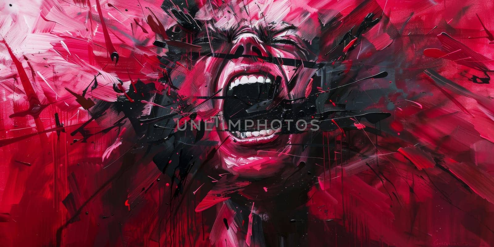 A portrait of a woman with a look of terror, screaming with her mouth wide open by Kadula