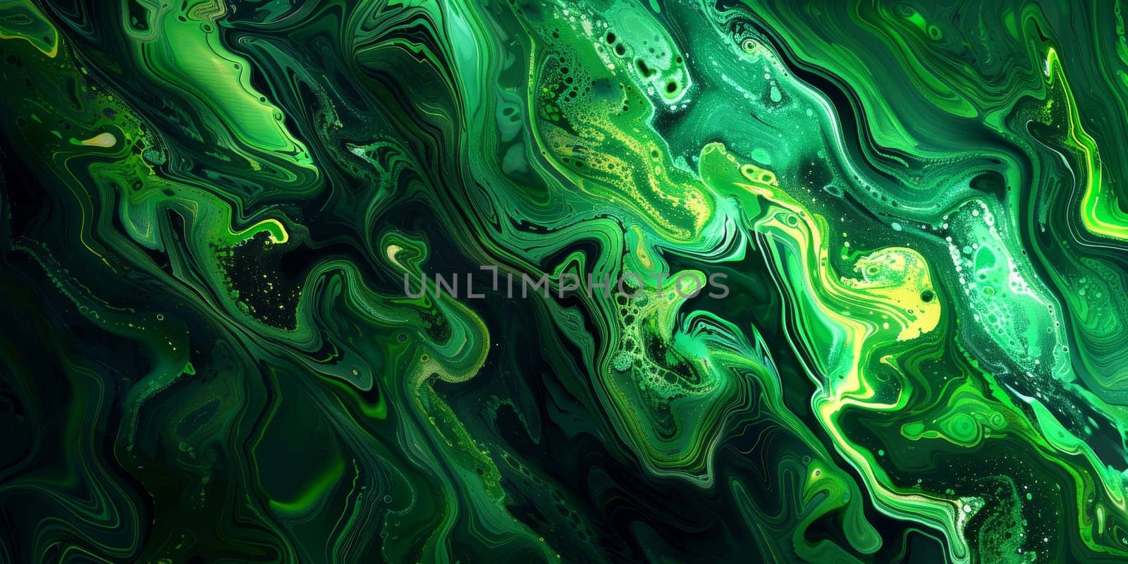 Green and black swirls and shapes in an abstract painting