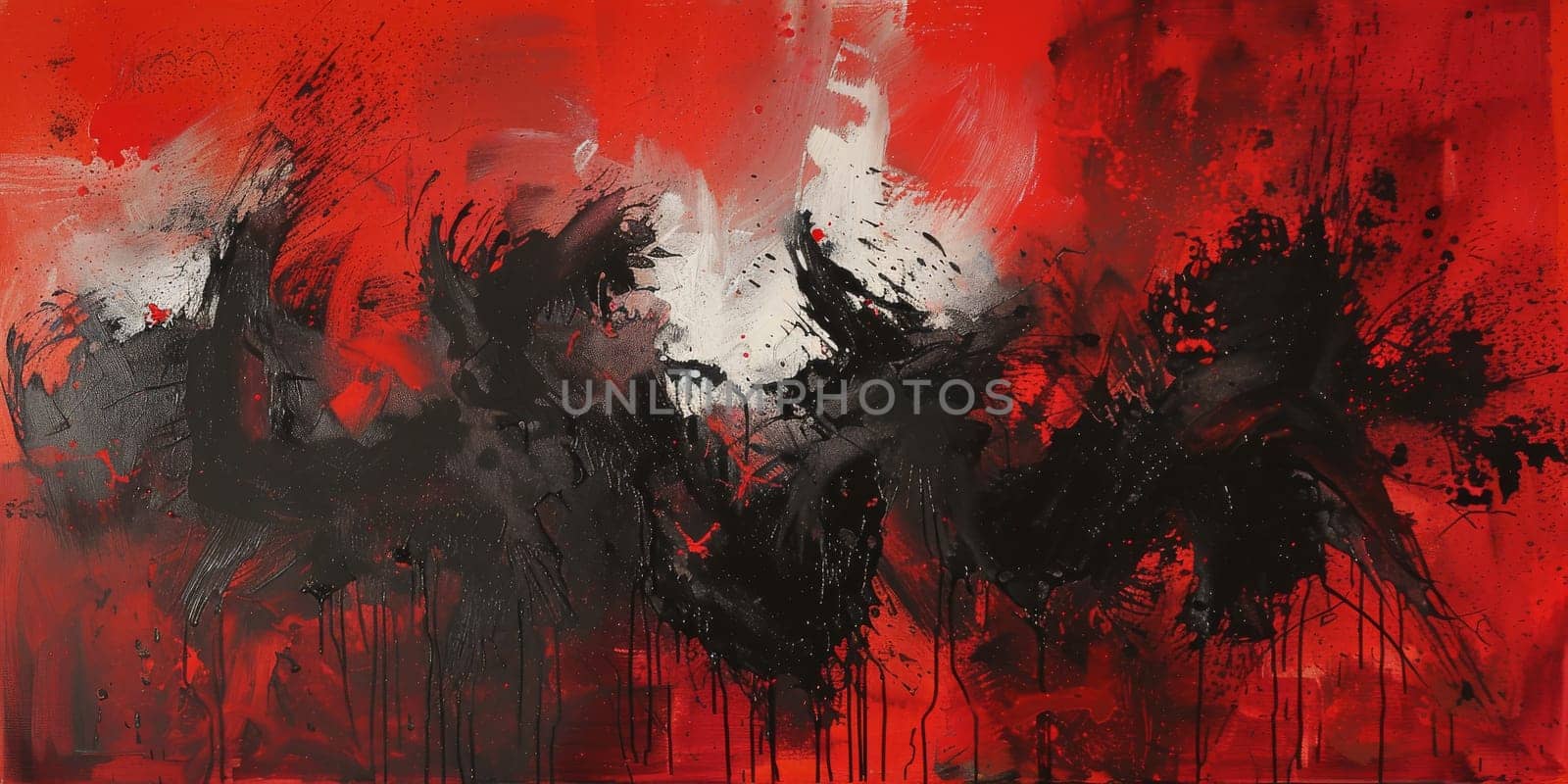 Abstract artwork featuring swirling black and red colors in vibrant composition