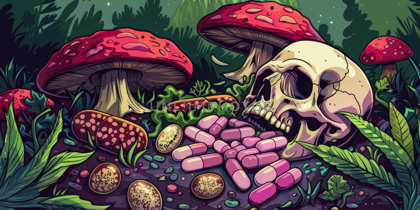 Mushrooms grouped around central skull in mysterious setting