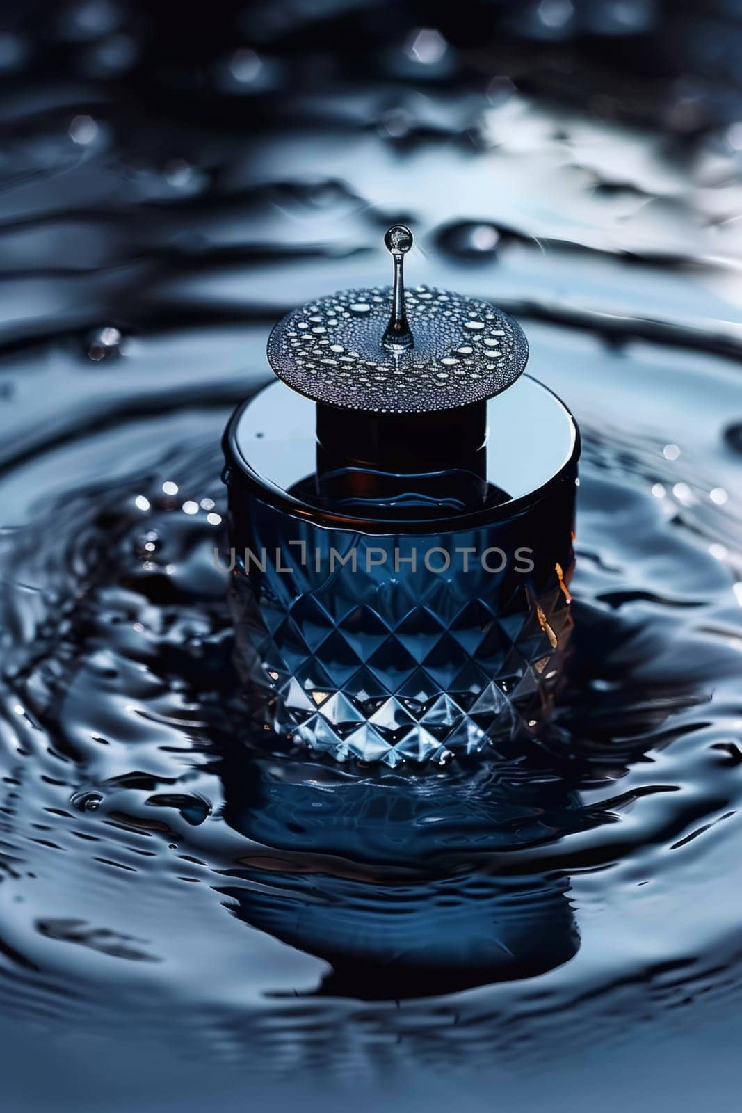 Low key, dark colors, luxury product photography. Perfume bottle on water splashing background. Beauty and cosmetics concept. by iliris