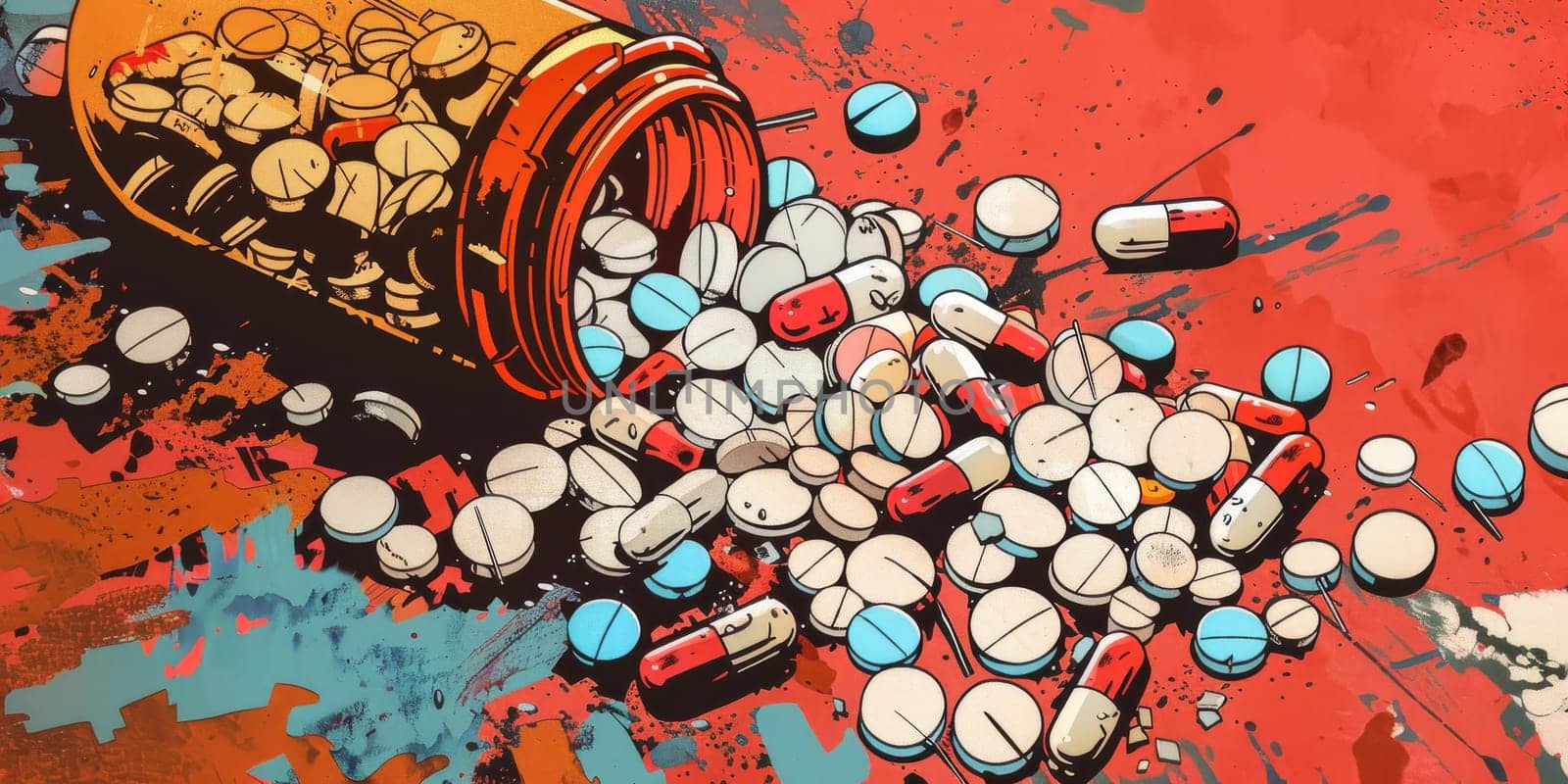 Pills pouring out of an open container, scattered on surface
