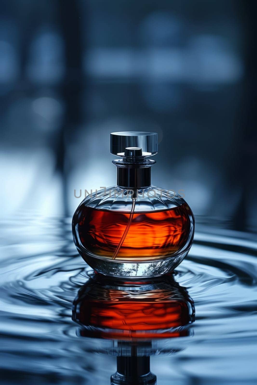 Low key, dark colors, luxury product photography. Perfume bottle on water splashing background. Beauty and cosmetics concept. by iliris