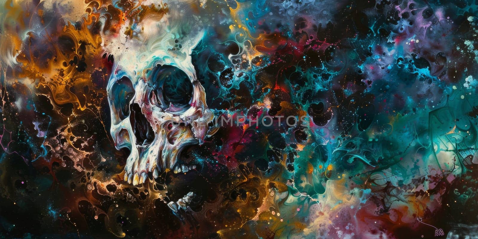 A painting of a skull against a vibrant, colorful backdrop by Kadula