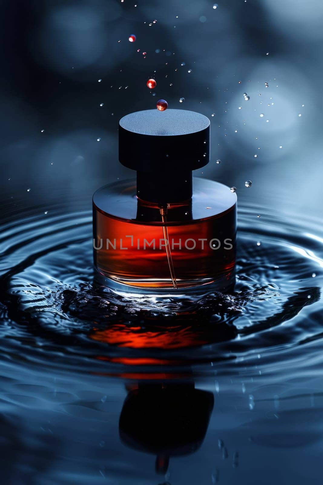 Low key, dark colors, luxury product photography. Perfume bottle on water splashing background. Beauty and cosmetics concept. Ai generated