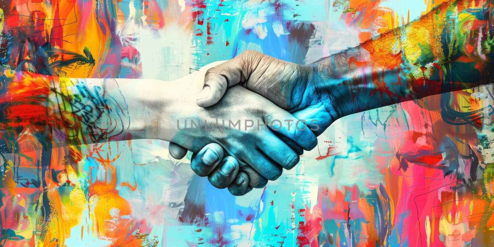 Two individuals shaking hands in front of vibrant colors by Kadula