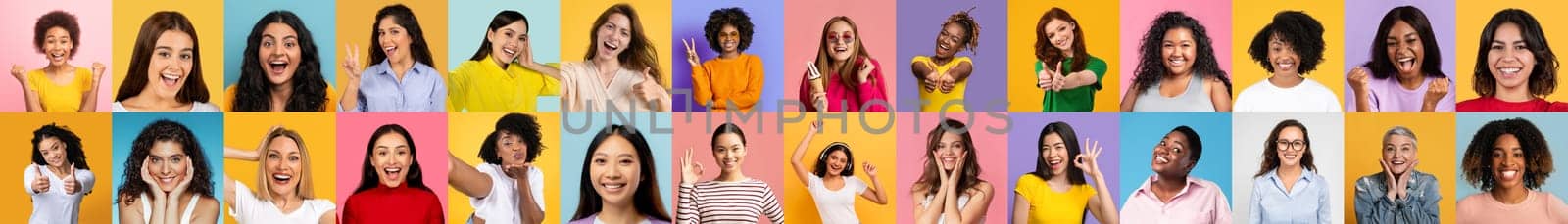 A long banner portraying smiling women faces from different ethnicities against a palette of colored backgrounds