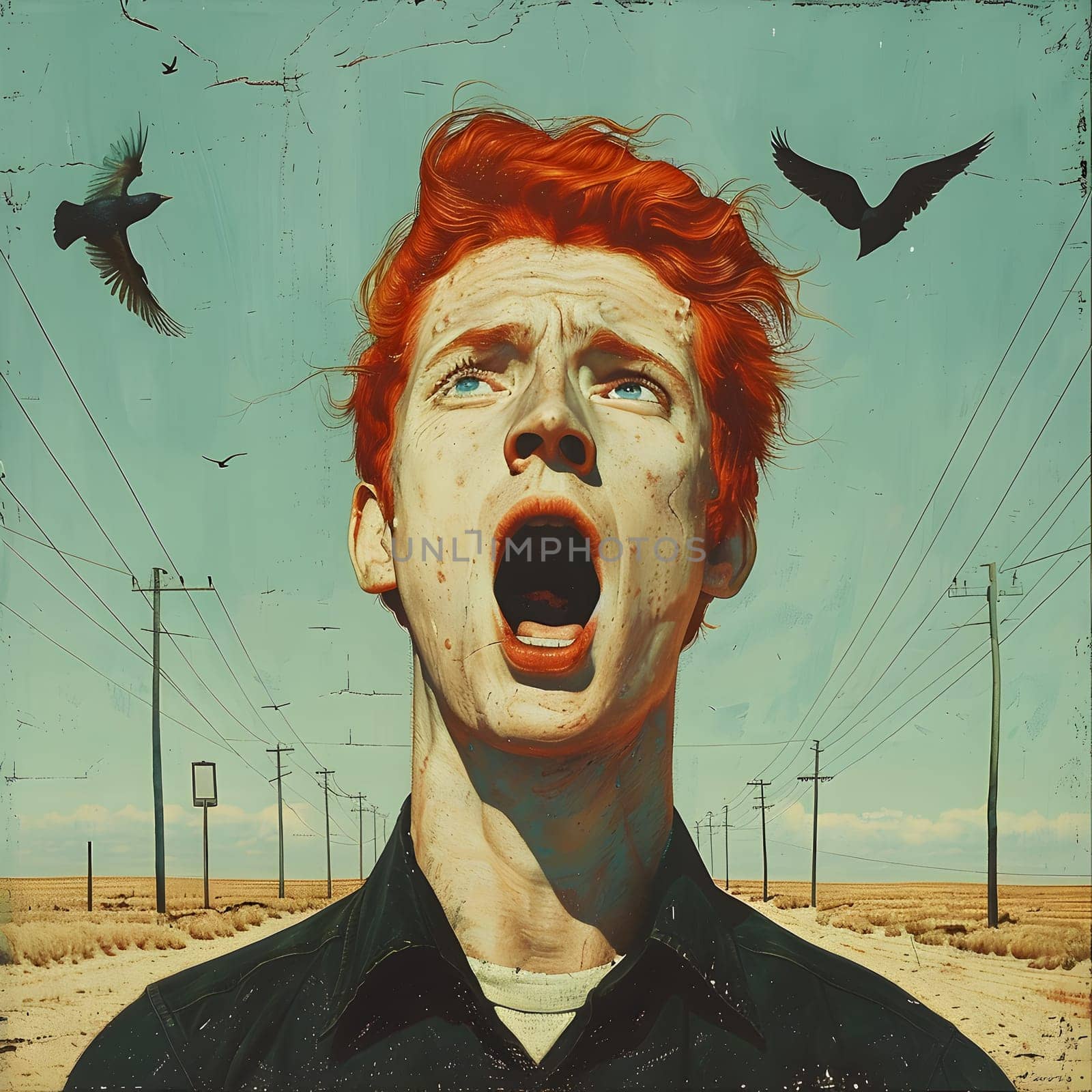 a painting of a man with his mouth open and birds flying around him by Nadtochiy