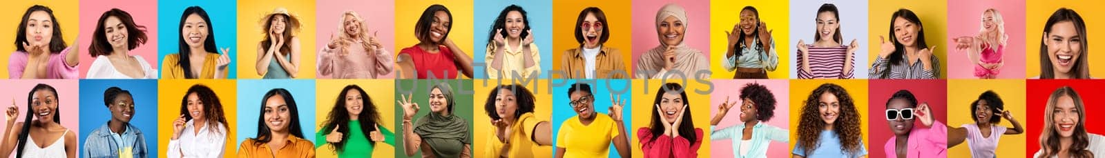 Colorful collage showing a variety of women and their reactions to different situations on colorful background