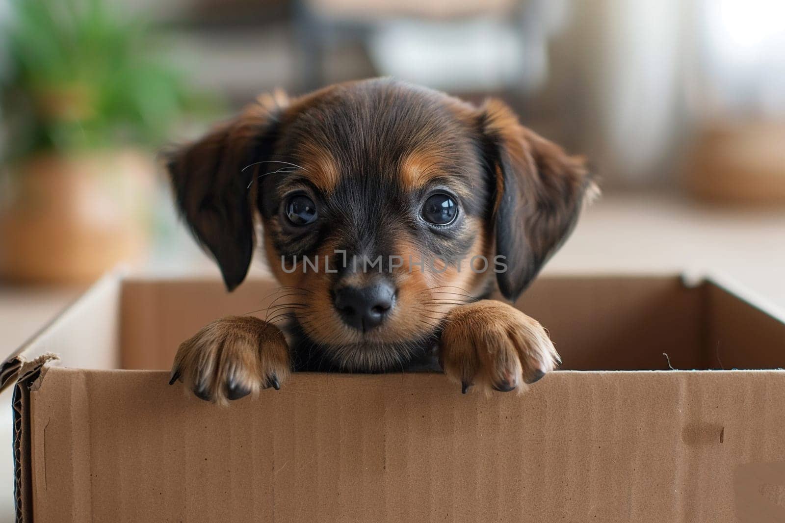 A cute puppy looks out of a cardboard box. Pets.