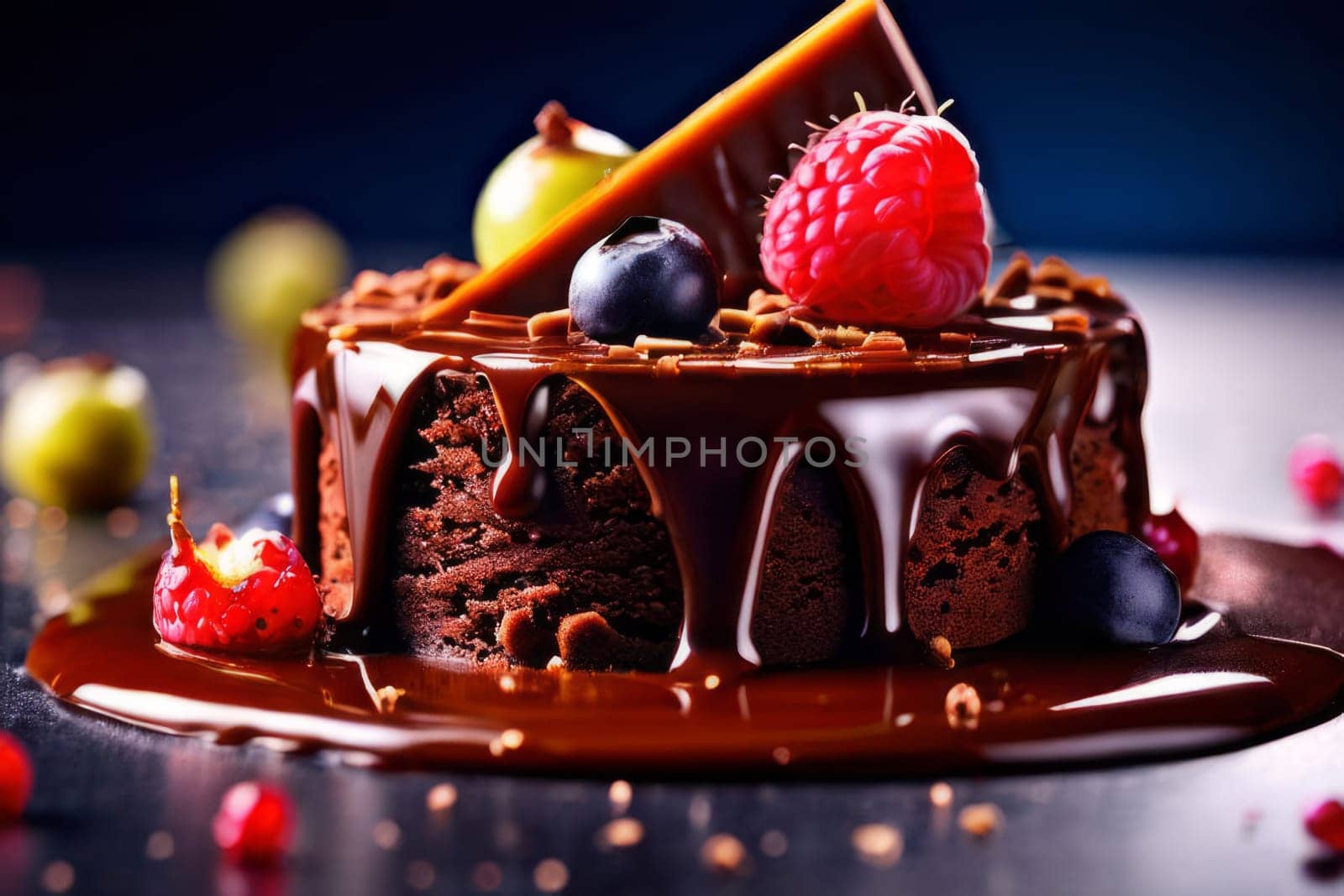 Decadent chocolate cake adorned with fresh strawberries, crunchy nuts, elegantly presented on plate. For restaurant websites, cafe, bakery menus, food blogs, magazines, food, home baking inspiration