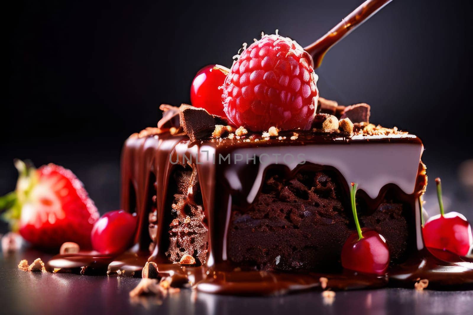 Decadent chocolate cake adorned with fresh strawberries, crunchy nuts, elegantly presented on plate. For restaurant websites, cafe, bakery menus, food blogs, magazines, food, home baking inspiration. by Angelsmoon