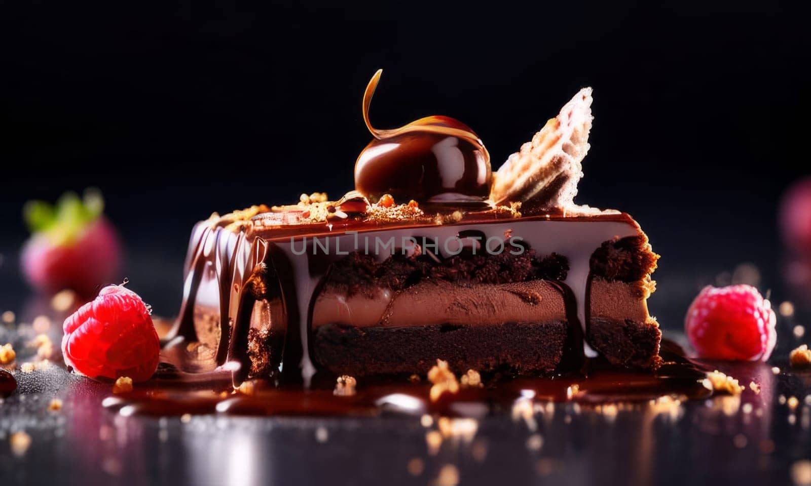 Decadent chocolate cake adorned with fresh strawberries, crunchy nuts, elegantly presented on plate. For restaurant websites, cafe, bakery menus, food blogs, magazines, food, home baking inspiration