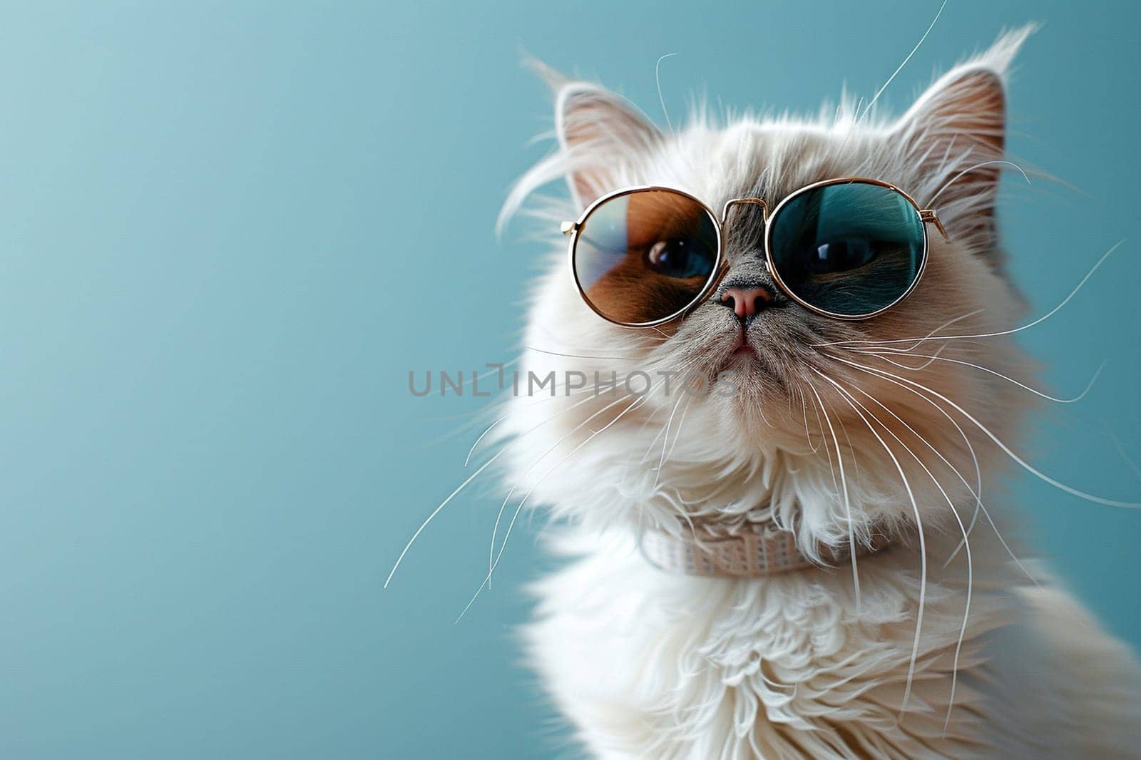 Portrait of a fluffy white cat in sunglasses on a blue background with space for text.