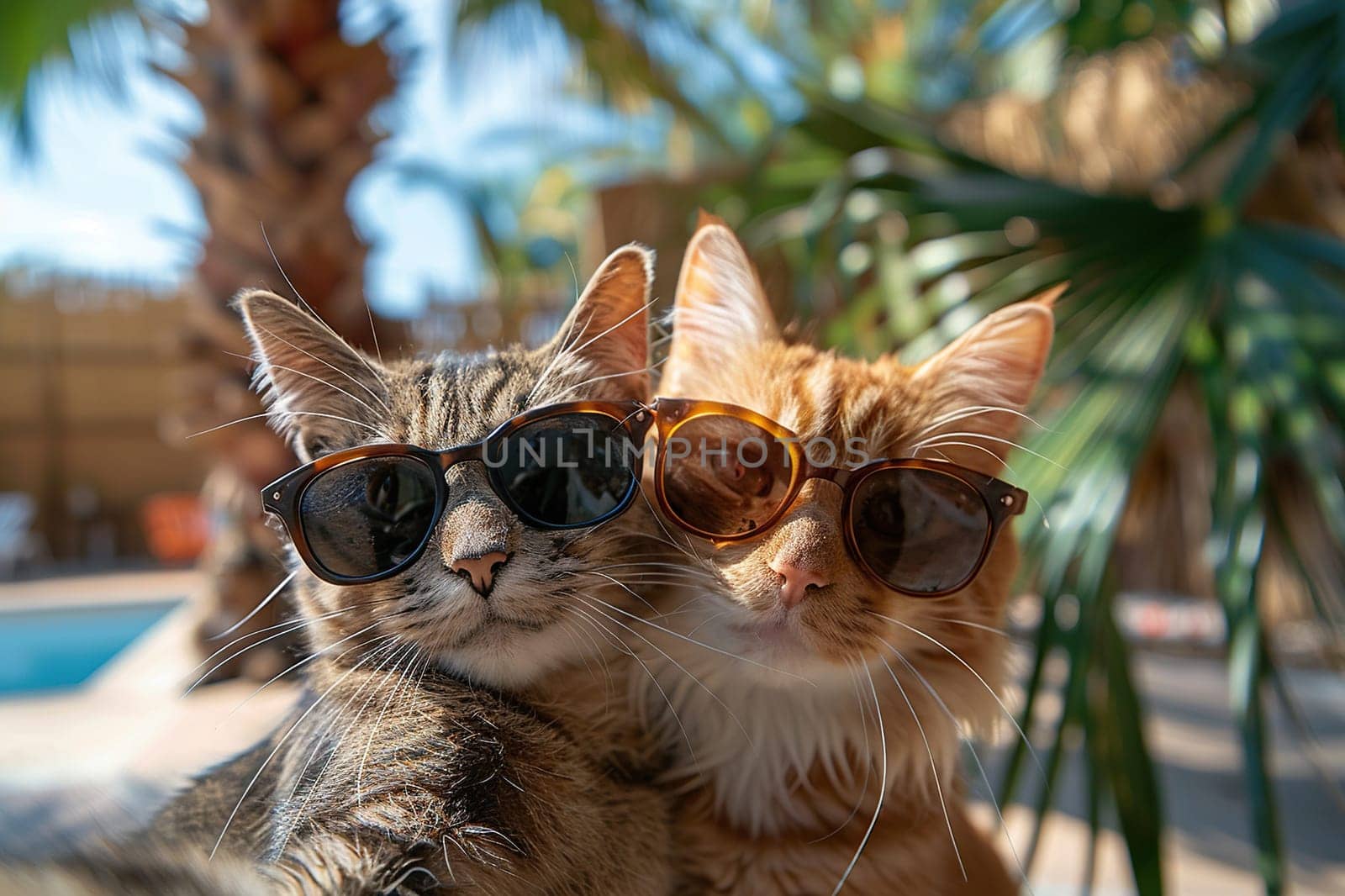 Two tabby cats in sunglasses take a selfie on the beach. Humor, vacation concept.