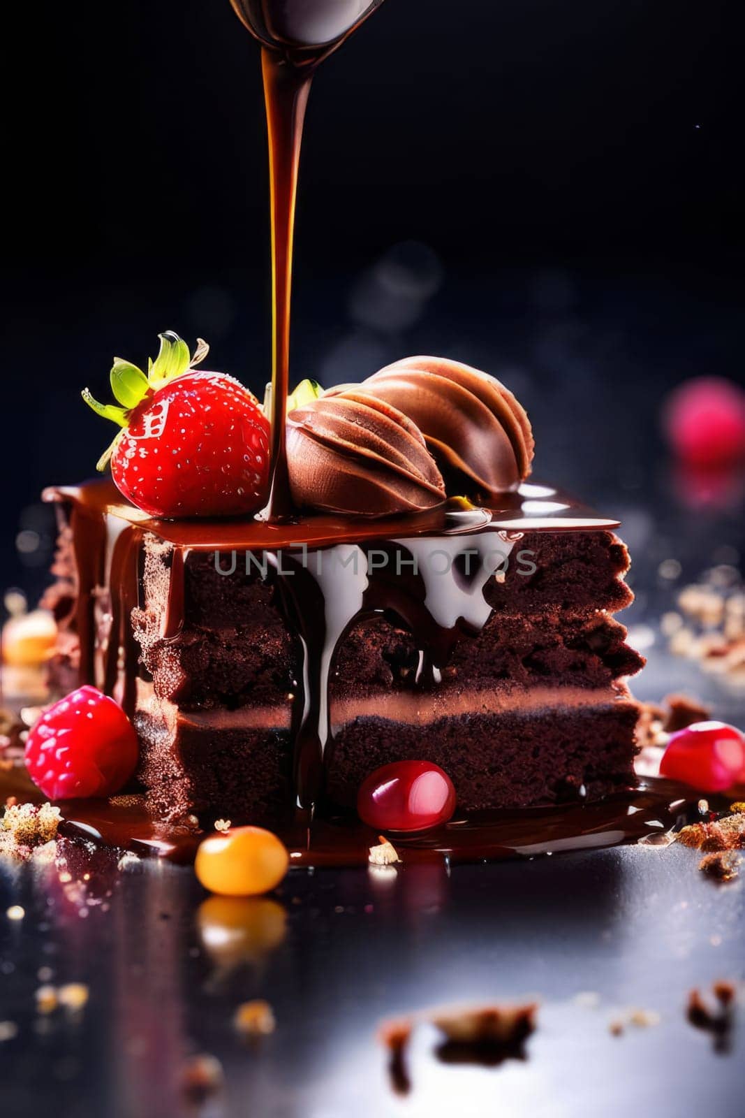 Decadent chocolate cake adorned with fresh strawberries, crunchy nuts, elegantly presented on plate. For restaurant websites, cafe, bakery menus, food blogs, magazines, food, home baking inspiration