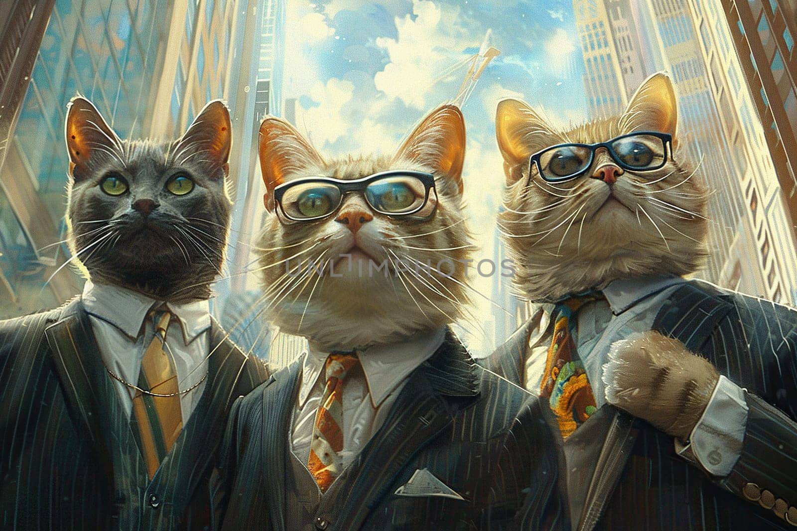 Three cats in business suits and ties go to work against the backdrop of a blurred city. Concept of doing business, work.