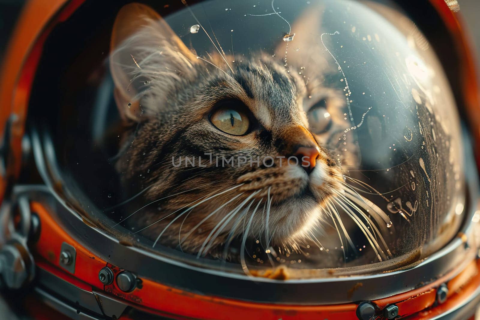 Close-up of the muzzle of a gray cat in a spacesuit helmet.