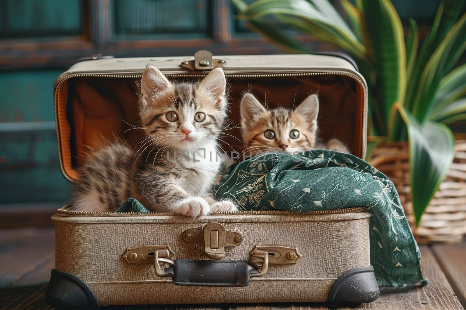 Two cute kittens are sitting in an open vintage suitcase with things. Travel, pets concept.
