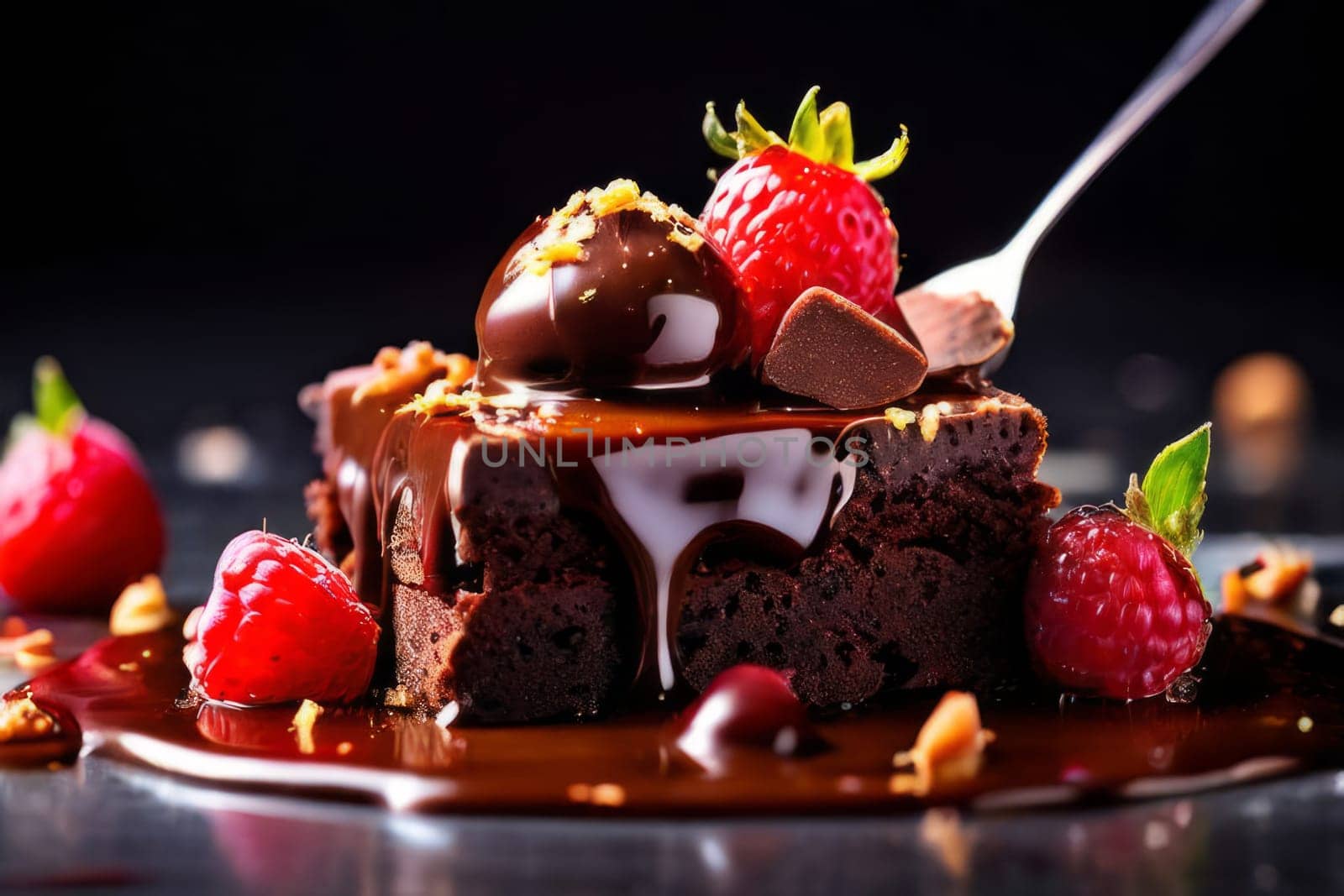 Decadent chocolate cake adorned with fresh strawberries, crunchy nuts, elegantly presented on plate. For restaurant websites, cafe, bakery menus, food blogs, magazines, food, home baking inspiration