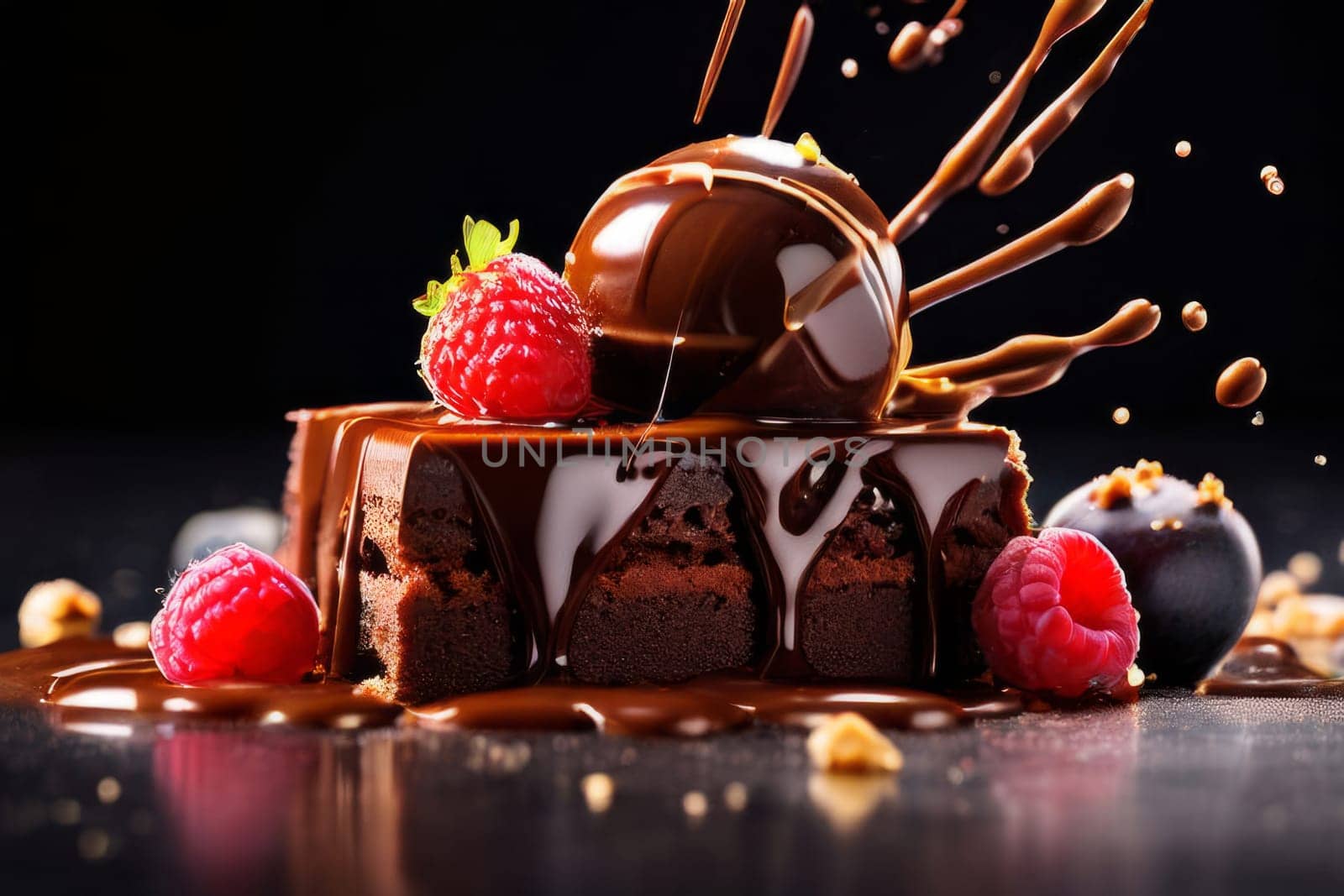 Decadent chocolate cake adorned with fresh strawberries, crunchy nuts, elegantly presented on plate. For restaurant websites, cafe, bakery menus, food blogs, magazines, food, home baking inspiration