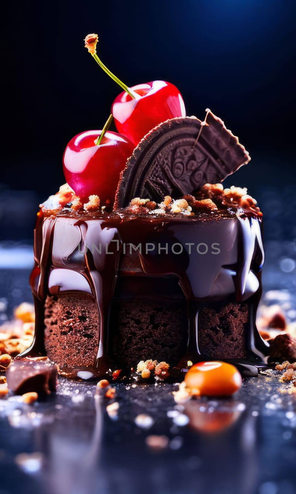 Decadent chocolate cake topped with luscious cherries, drizzled with rich chocolate sauce. For creating recipes on culinary websites, blogs, promoting food products on social media platforms