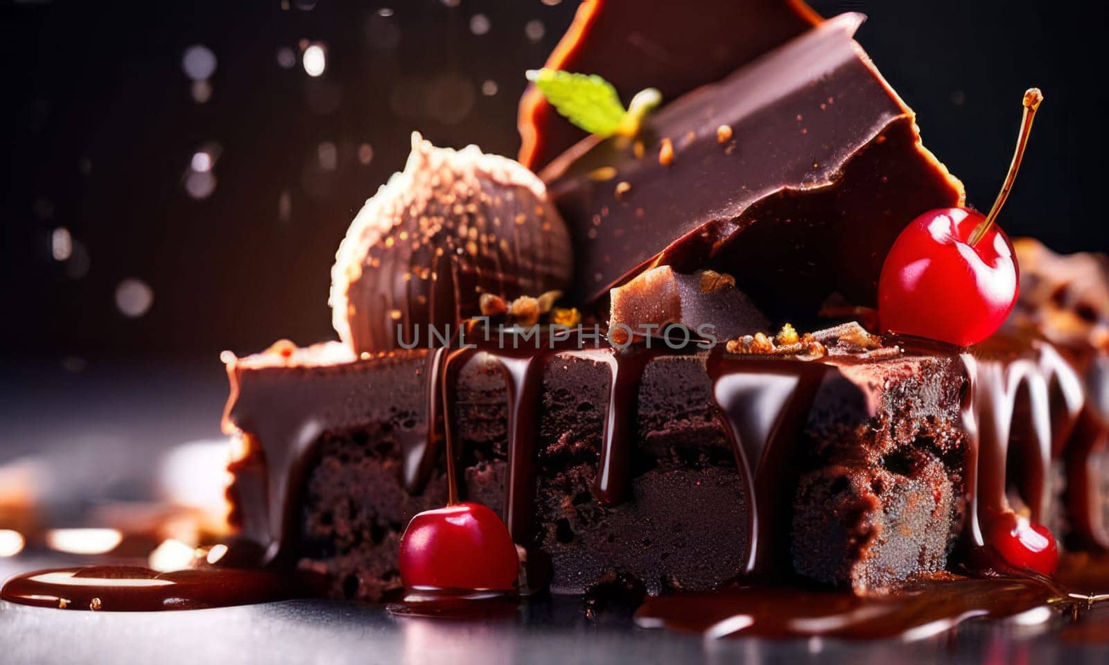 Decadent chocolate cake topped with luscious cherries, drizzled with rich chocolate sauce. For creating recipes on culinary websites, blogs, promoting food products on social media platforms