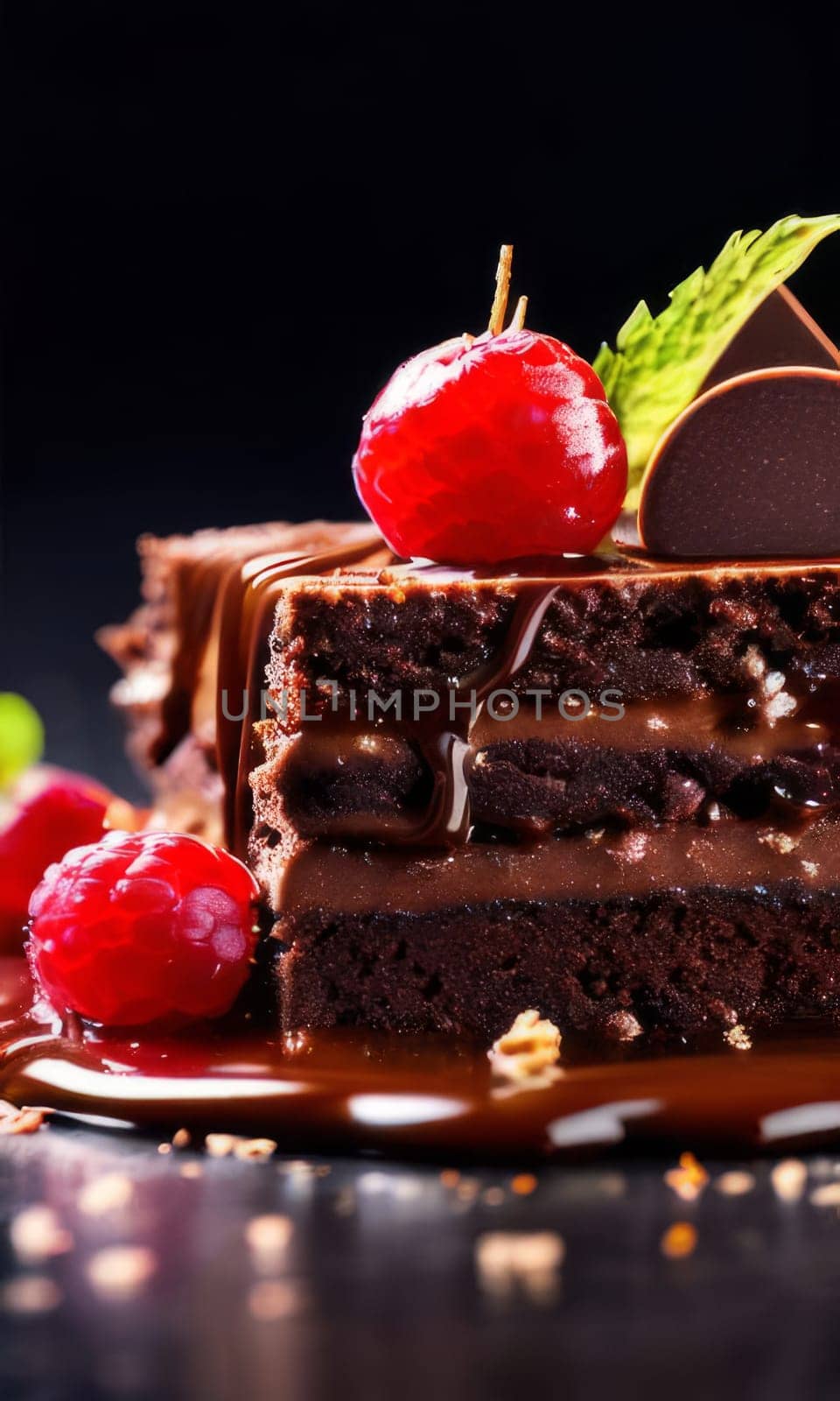 Decadent chocolate cake topped with luscious cherries, drizzled with rich chocolate sauce. For creating recipes on culinary websites, blogs, promoting food products on social media platforms