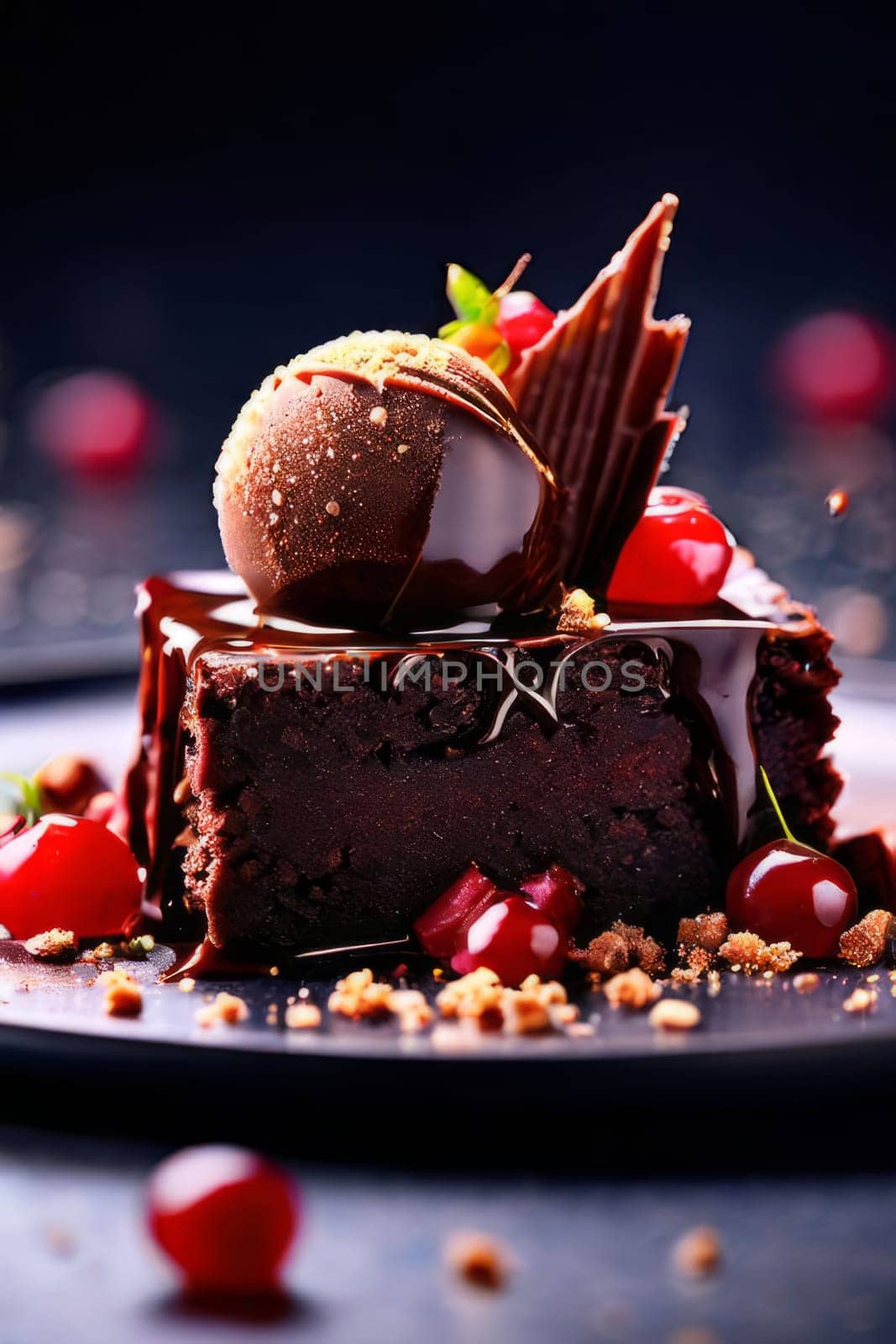 Decadent chocolate cake topped with luscious cherries, drizzled with rich chocolate sauce. For creating recipes on culinary websites, blogs, promoting food products on social media platforms