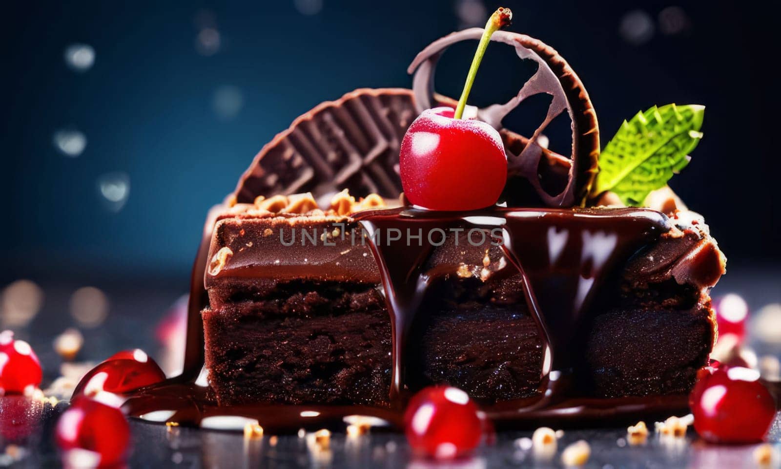 Decadent chocolate cake topped with luscious cherries, drizzled with rich chocolate sauce. For creating recipes on culinary websites, blogs, promoting food products on social media platforms