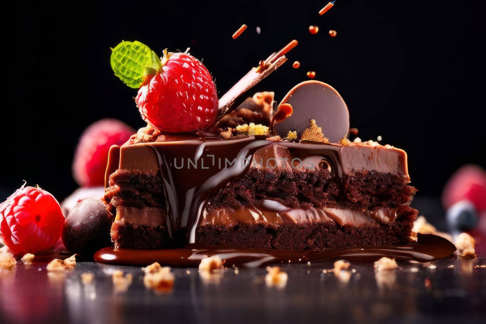 Decadent chocolate cake adorned with fresh strawberries, crunchy nuts, elegantly presented on plate. For restaurant websites, cafe, bakery menus, food blogs, magazines, food, home baking inspiration