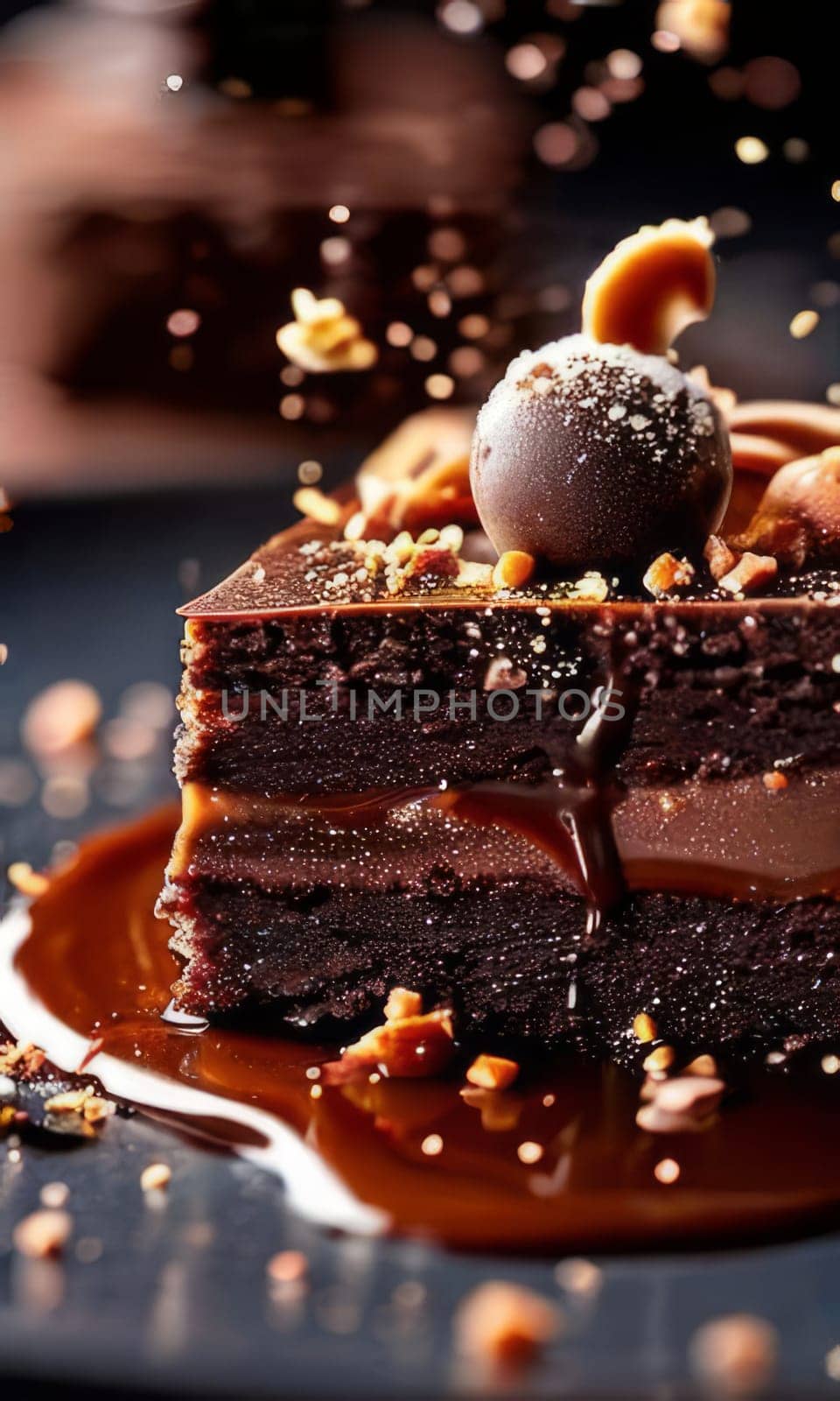 Decadent piece of chocolate cake oozing with rich, velvety chocolate sauce, tempting you with its irresistible sweetness. For recipe websites, cookbooks, dessert advertisements, cafe, culinary blog