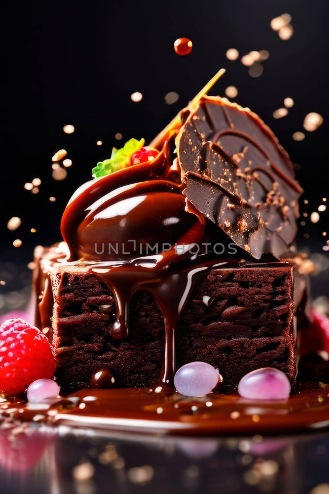 Decadent piece of chocolate cake oozing with rich, velvety chocolate sauce, tempting you with its irresistible sweetness. For recipe websites, cookbooks, dessert advertisements, cafe, culinary blog